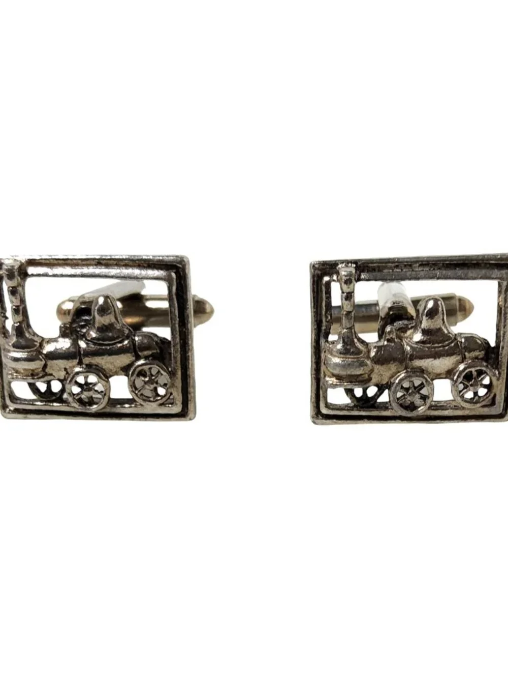 vintage mens silver tone steam engine locomotive cuff links.